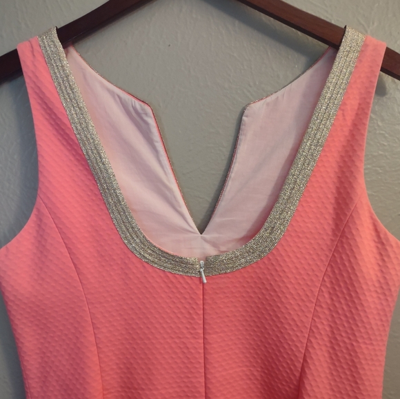 Lilly Pulitzer Janice Shift Dress Coral Reef Pink with Metallic Gold Embroidery. - Picture 8 of 13